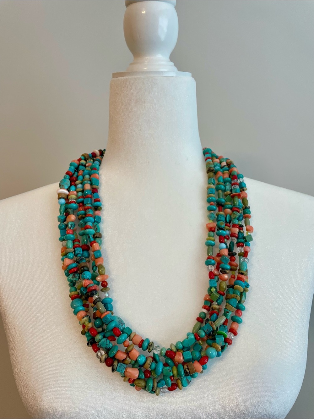 Multistrand Turquoise and Coral Beaded Necklace - Women Jewelry